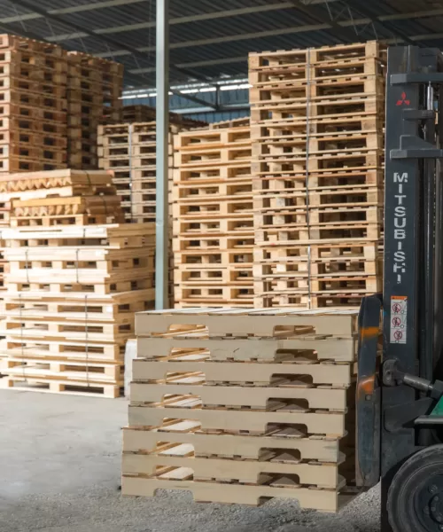 Wooden pallets arranged for forklift handling in warehouse