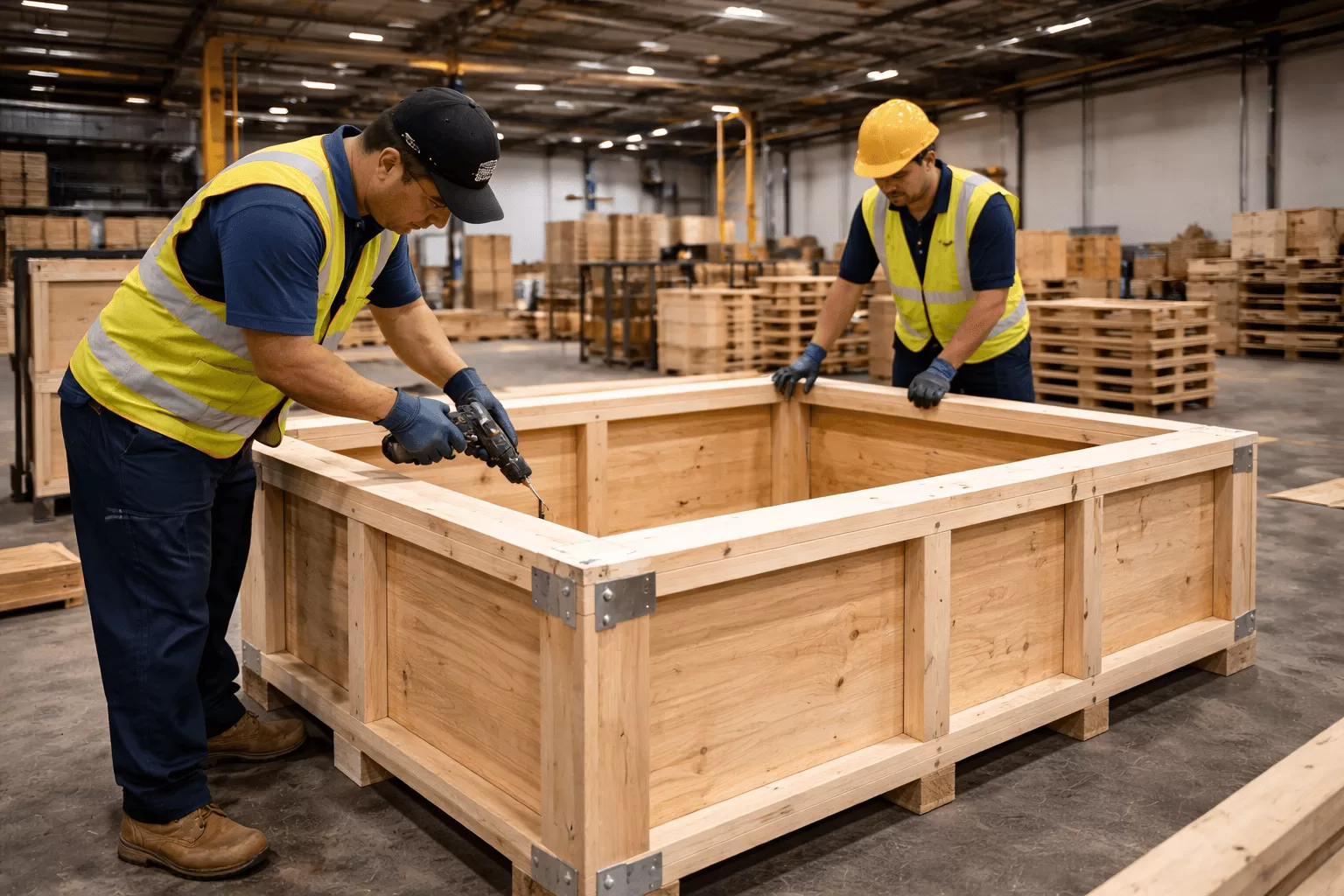 2 workers assembling a wooden crate in Malaysia