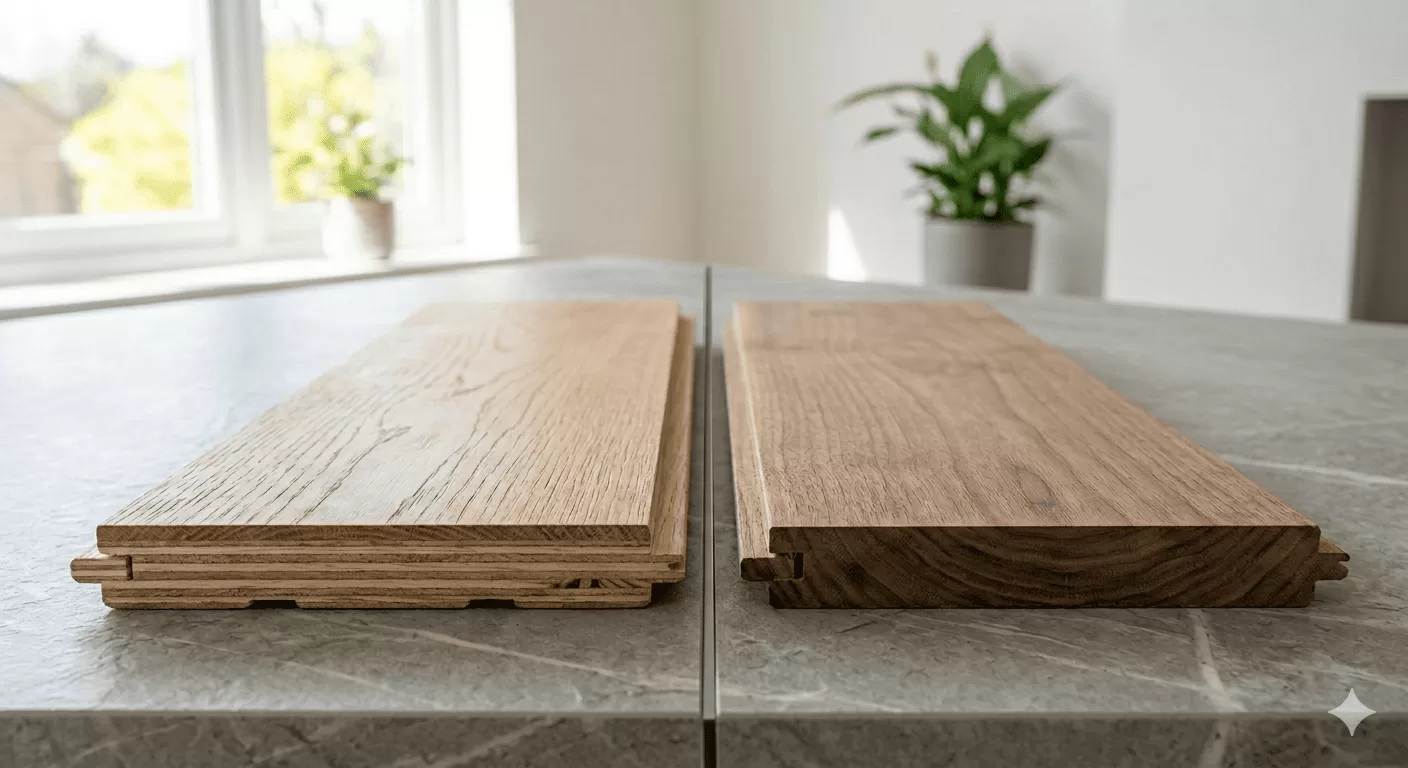 Side-by-side comparison of engineered wood flooring versus solid hardwood flooring planks.