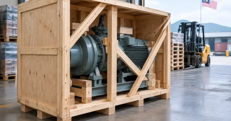 Machinery secured inside a custom wooden crate in a warehouse