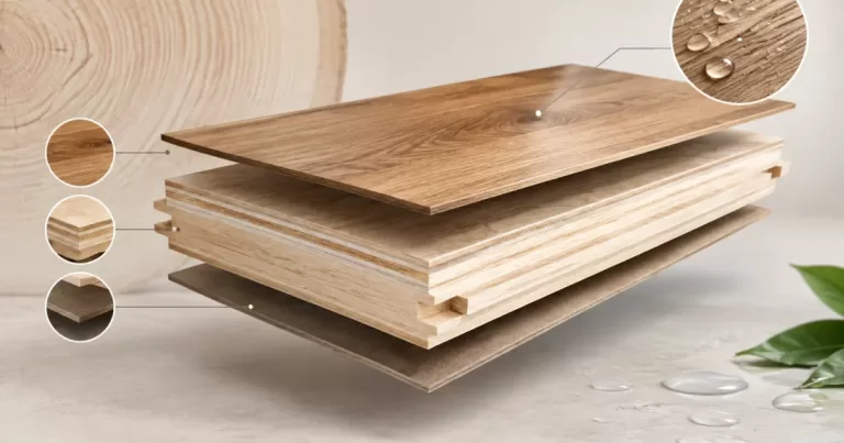 Exploded cross-section of engineered wood flooring plank showing layered construction