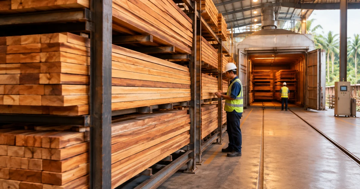 Stacks of timber boards on racks in an industrial drying facility