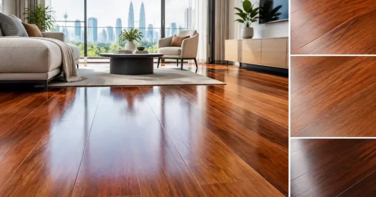 Modern interior featuring Merbau wood flooring with warm reddish-brown tone