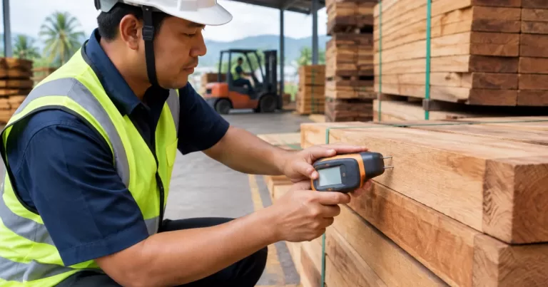 Worker checking timber moisture content on stacked boards in a warehouse
