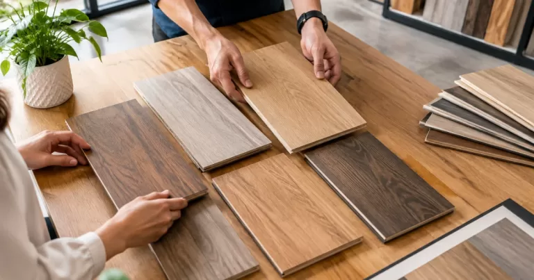 Hands comparing timber flooring sample planks on a table