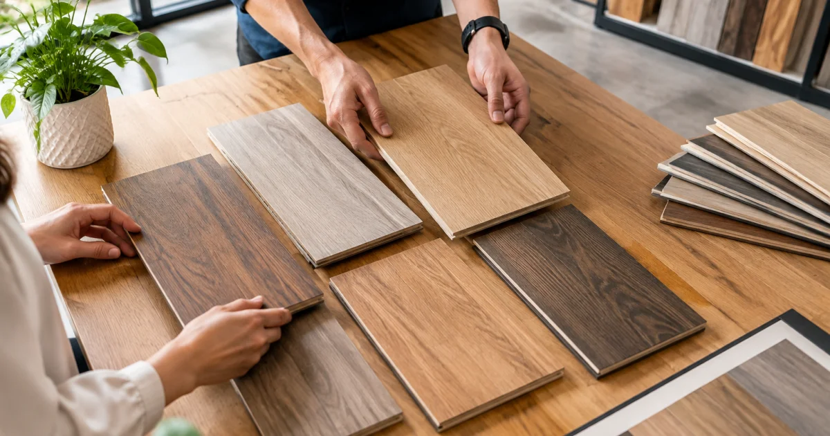 Hands comparing timber flooring sample planks on a table