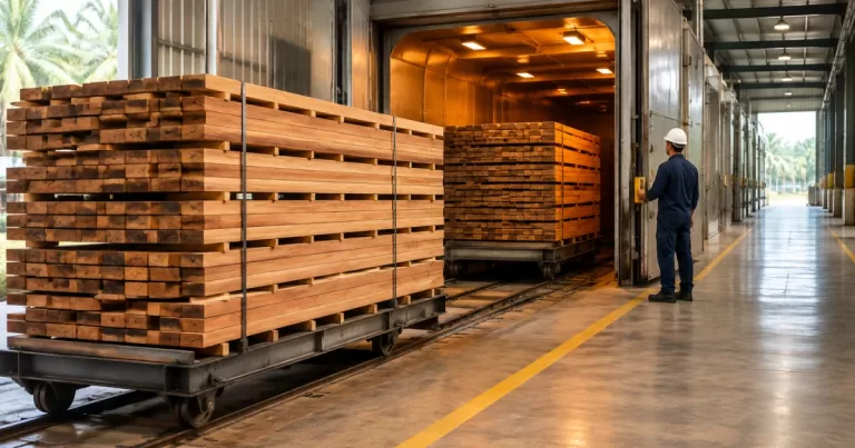 Stacks of timber on carts near an industrial kiln drying chamber