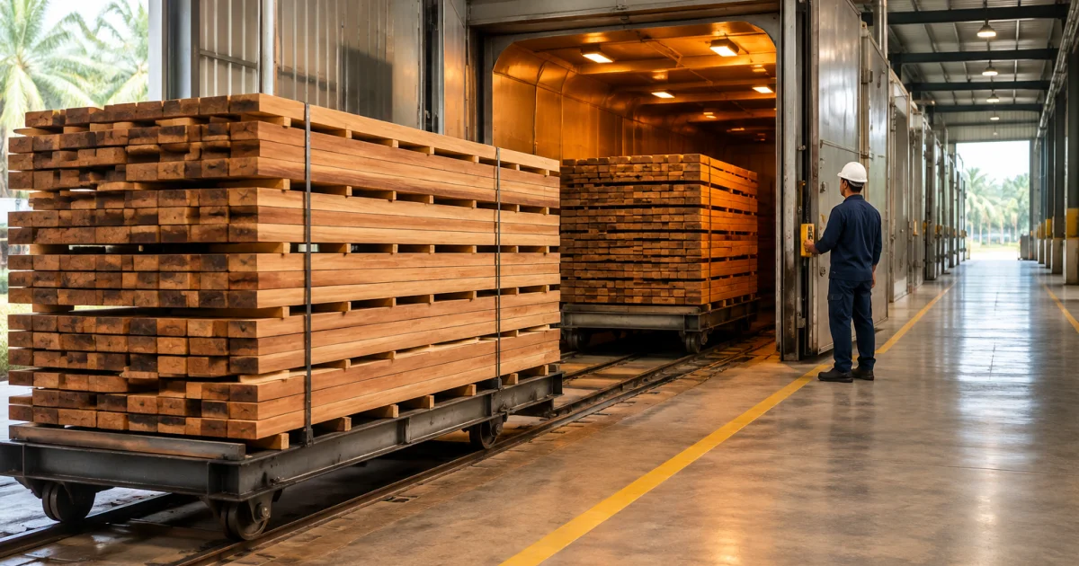 Stacks of timber on carts near an industrial kiln drying chamber