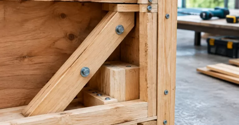Close-up of internal bracing and fasteners inside a wooden export crate