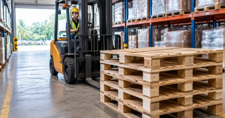 Forklift approaching stacked wooden pallets in a warehouse