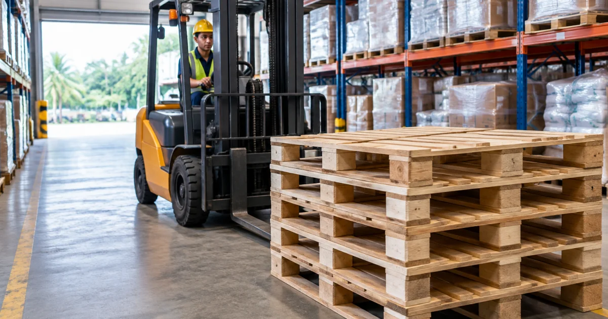 Forklift approaching stacked wooden pallets in a warehouse